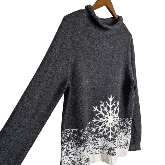 NEW J.Jill Large Sweater Intarsia Snowflake Funnel Neck Gray Holiday Christmas - Picture 2 of 10